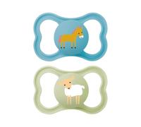 MAM Air - Chupete de 6 a 16 meses, juego de 2 chupetes, azul/verde | Con soporte para chupete esterilizador portátil, tetina ortodóntica de caucho natural, máscara curva, sin BPA/BPS