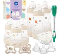 MAM Baby's First Gift Set, 0+ Months, 141.7 g y 255.1 g Biberones anticólicos con autoesterilización, pezones y chupetes de silicona SkinSoft, dispensador de fórmula apto para lavavajillas y cepillo