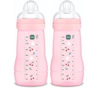 MAM Biberón, 2-4 Meses, 270ml, con Tetina 2 de Flujo Medio de Silicona de Fácil Aceptación, Fácil de Sostener, Fácil de Limpiar, MAM Easy Active, Rosa Brillante, Pack de 1ud (Paquete de 2)