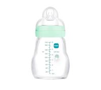 MAM Biberón de Cristal, Recién Nacido, 0-2 Meses, 170ml, con Tetina 1 de Flujo Lento de Silicona de Fácil Aceptación, Fácil de Limpiar, MAM Feel Good, Azul, Pack de 1ud