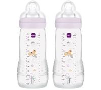 MAM Pack 2 Biberones, a partir de 4 Meses, 330ml, con Tetina 3 de Flujo Rápido de Silicona de Fácil Aceptación, Fácil de Sostener, Fácil de Limpiar, MAM Easy Active, Purple, Pack de 2uds