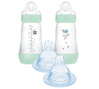 MAM Biberón Easy Start Anti-colic Flujo Medio Azul Brillante 2-4m 2x260 ml + Tetina 0 Flujo Extra Lento 0m 2 uds