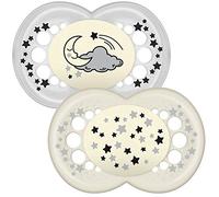 MAM caucho Original Night Chupetes 12 meses + (paquete de 2), chupetes que brillan en la oscuridad para bebés con estuche de viaje autoesterilizante, (los diseños pueden variar)