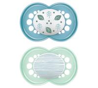 MAM Chupete, a Partir de 6 Meses, con Tetina Simétrica, Plana y Flexible de Silicona Skin Soft Silicone de Fácil Aceptación, con Caja Autoesterilizadora, Original, Azul Brillante, Pack de 2uds