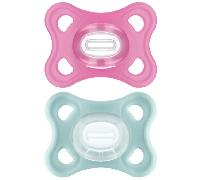 MAM Chupete Todo Silicona, 3-12 Meses, con Tetina Simétrica, Extra Pequeña y Cuello Delgado de Silicona Skin Soft Silicone de Fácil Aceptación, con Caja Autoesterilizadora, MAM Comfort, Rosa, 2uds