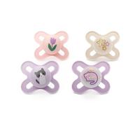 MAM Chupete Day & Night 0-2M, paquete de 4, ortodóntico, rosa/morado/lino | Incluye 2 chupetes que brillan en la oscuridad, accesorios para bebé, los diseños varían