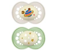 MAM Chupete de Látex de Caucho Natural, Brilla en la Oscuridad, a Partir de 16 Meses, con Tetina Simétrica, Plana y Flexible, con Caja Autoesterilizadora, Neutro Brillante, Pack de 2uds