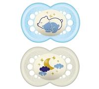 MAM Chupete de Látex de Caucho Natural, Brilla en la Oscuridad, a Partir de 6 Meses, con Tetina Simétrica, Plana y Flexible, con Caja Autoesterilizadora, Azul Brillante, Pack de 2uds