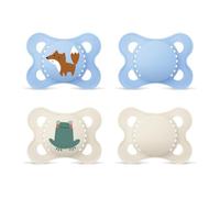 MAM Chupete original de 0 a 6 meses, juego de 4 unidades, zorro/rana | Forma de tetina simétrica de silicona suave MAM SkinSoft, agradable para la piel sensible del bebé, juego de 4