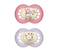 MAM Chupete original iluminado juego de 2 tamaños 6+ meses, tetina de silicona SkinSoft, bio-redondo, con bolsa para chupete, rosa