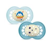 MAM Chupete Original para Bebés +6 Meses, Azul Brillante, Noche, 2 uds | Brilla en la Oscuridad con Tetina Simétrica, Plana y Flexible de Skin Soft Silicone, con Caja Autoesterilizadora