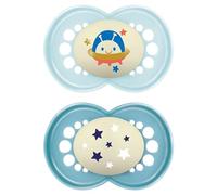 MAM Chupete original que brilla en la oscuridad, 18-36 meses, 2 unidades | SkinSoft - Tetina de silicona, viene en caja esterilizadora para chupete, materiales sostenibles, accesorios para bebé