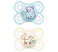 MAM Chupete, 2-6 Meses, Tetina Extra Delgada y Flexible, Plana y Simétrica de Silicona Skin Soft Silicone de Fácil Aceptación, con Caja Autoesterilizadora, MAM Perfect, Azul Mate, Pack 2uds