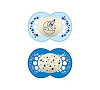 MAM Chupete que Brilla en la Oscuridad, a Partir de 6 Meses, Tetina Simétrica, Plana y Flexible de Silicona de Fácil Aceptación, con Caja Autoesterilizadora, Original, Azul Brillante, Pack 2uds