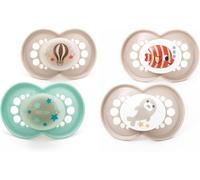 MAM Chupetes originales Day & Night | 18-36 meses | Paquete de 4 | Incluye 2 chupetes que brillan en la oscuridad | Diseño ortodóntico | Accesorios para bebé | Beige (varios diseños)