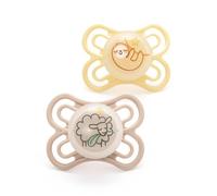 MAM Chupetes Perfect Night de 2 a 6 meses (paquete de 2), chupetes para bebés más finos y suaves con funda de viaje autoesterilizante, artículos esenciales para recién nacidos, crema/amarillo (los diseños pueden variar)