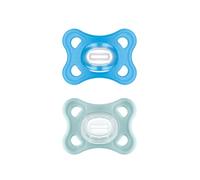 MAM Comfort - Juego de 2 tetinas, especialmente pequeñas y ligeras, 100% silicona, para recién nacidos y bebés, con chupete suave MAM SkinSoft y caja de chupete para bebés de 3 a 12 meses, color azul