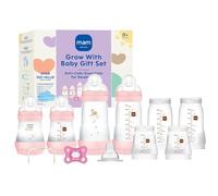MAM Grow with Baby - Set de regalo de 15 piezas para recién nacidos de 0 a 4 meses - biberones anticólicos y pezones de silicona - SkinSoft Essential - Artículo para bebé niña