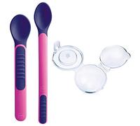Mam Heat Sensitive Spoons & Cover - Cubiertos de destete que cambian de color con el calor, color rosa, Instrucciones en Lengua Extranjera