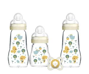 MAM Juego de botellas de vidrio para bebés y chupete, botellas anticólicos para bebés recién nacidos, incluye 3 biberones de vidrio y 1 chupete de 0-2 meses