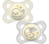 MAM Latex Night Soothers 0 Months+ (Pack of 2), Glow in the Dark Baby Soothers with Self Sterilising Travel Case, Newborn Essentials, Grey, (Designs May Vary)