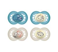 MAM MAM SkinSoft - Juego de 4 chupetes para bebé de material sostenible y orgánico renovable, tetina de silicona SkinSoft con estuche, 6-16 meses, oso zorro, azul luna y beige