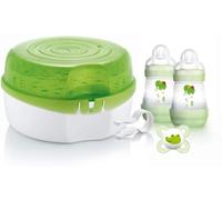 MAM Microwave Steam Steriliser, Comes with 2 x MAM Easy Start Self Sterilising Anti-Colic Baby Bottles and Baby Soother, Bottle Steriliser for Babies