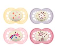 MAM Original Night 16+ M (4 unidades) chupetes que brillan en la oscuridad, incluye caja de transporte y esterilización, chupetes para bebés a partir de 16 meses, tetinas de silicona MAM SkinSoft, 4