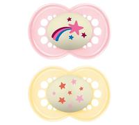 MAM Original Night - Chupete para bebés a partir de 6 meses, juego de 2 | Se ilumina en la oscuridad, con porta chupete esterilizador, tetina ortodóntica de caucho natural, sin BPA/BPS