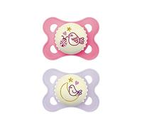 MAM Original Night - Juego de 2 tetinas, luminosas, respetuosas con los dientes, de materiales duraderos y biorrenovables, con caja de chupete para bebés de 0 a 6 meses, diseño de pájaro y luna