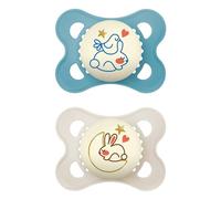 MAM Original Night, Juego de 2 tetinas MAM fosforescentes con chupete de goma, 2 a 6 meses, con soporte para tetina, esterilizador, azul claro