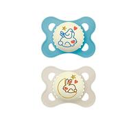 MAM Original Night Schnuller im 2er-Set, leuchtender & zahnfreundlicher Baby Schnuller aus nachhaltigen & bio-erneuerbaren Materialien, mit Schnullerbox, 0-6 Monate, Hase/Mond