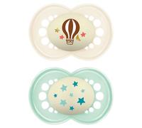 MAM Original Pure Night - Juego de 2 chupetes para bebés de 16 meses o más, sostenibles y biorrenovables, chupete de silicona SkinSoft, tetina fosforescente, crema (los patrones pueden variar)