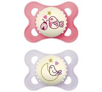 MAM Original Pure Night - Juego de 2 chupetes para bebés de 2 a 6 meses, sostenibles y biorrenovables, chupete de silicona SkinSoft, tetina fosforescente, rosa/morado (los patrones pueden variar)