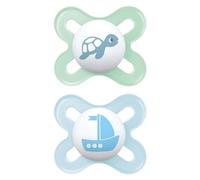 MAM Original Start Chupete 0-2 meses, juego de 2 chupetes, verde/azul | Con soporte para chupete esterilizador portátil, tetina ortodóntica de caucho natural, máscara curva, sin BPA/BPS