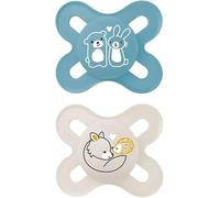 MAM Original Start - Chupete para recién nacidos, paquete de 2 unidades, talla 0-2 meses, chupete de silicona SkinSoft bio redondo con bolsillo para chupete, color azul claro