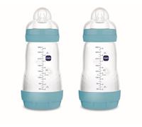 MAM Pack 2 Biberones Anticólicos, 2-4 Meses, 260ml, con con Tetina 2 Flujo Medio de Silicona de Fácil Aceptación, Autoesterilizable y Fácil de Limpiar, MAM Easy Start Anti-Colic, Azul Mate, 2uds
