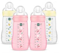 MAM Pack 4 Biberones, 2-4 Meses, 270ml, con Tetina 2 de Flujo Medio de Silicona de Fácil Aceptación, Fácil de Sostener, Fácil de Limpiar, MAM Easy Active, Neutro y Rosa, Pack de 4uds