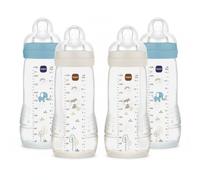 MAM Pack 4 Biberones, a partir de 4 Meses, 330ml, con Tetina 3 de Flujo Rápido de Silicona de Fácil Aceptación, Fácil de Sostener, Fácil de Limpiar, MAM Easy Active, Neutro y Azul, Pack de 4uds