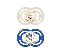 MAM Perfect Night - Juego de 2 chupetes antideformación dental, delgados y flexibles, brillan en la oscuridad, 16 meses, diseño de zorro/oso , Instrucciones en Lengua Extranjera