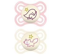 MAM Perfect Night - Juego de 2 tetinas, fosforescentes en la oscuridad, respetuosas con los dientes, para bebés de 0 a 6 meses, fabricados con materiales duraderos y biorrevelables, con caja