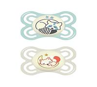 MAM Perfect Nuit Sucette de 2 à 6 mois - Silicone ultra-doux - Lot de 2 sucettes avec boîte de stérilisation - Brille dans la nuit - Vert d'eau et beige