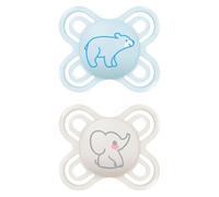 MAM Perfect Start - Juego de 2 chupetes de silicona para un desarrollo bucal saludable de 0 a 2 meses, kit de 2 accesorios para bebés con soporte para chupete esterilizador, azul claro y neutro