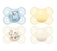 MAM Set de 4 Chupetes, 2-6 Meses, Tetina Extra Delgada y Flexible, Plana y Simétrica de Silicona Skin Soft Silicone de Fácil Aceptación, con Caja Autoesterilizadora, MAM Perfect, Azul y Neutro, Pack 4
