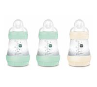 MAM Set de Biberones Anticólicos, Recién Nacido, 0-2 Meses, 160ml, con Tetina 1 Flujo Lento de Silicona Fácil Aceptación, Autoesterilizable y Fácil de Limpiar, MAM Easy Start Anti-Colic, 3 uds