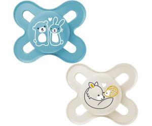 MAM Start Pure Chupete, juego de 2, chupete de bebé hecho de material sostenible y bio-renovable, tetina de silicona SkinSoft, con estuche MAM Chupete, 0-2 meses, azul/crema