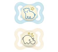 MAM Supreme Night - Juego de 2 tetinas luminosas, ideales para un desarrollo saludable de los dientes y la mandíbula, previene la irritación de la piel, con caja de chupete para bebés de 0 a 6 meses
