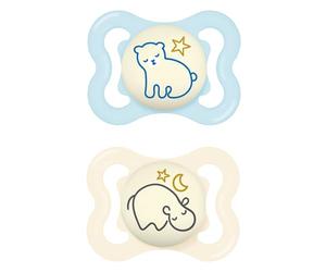 MAM Supreme Night - Juego de 2 tetinas luminosas, ideales para un desarrollo saludable de los dientes y la mandíbula, previene la irritación de la piel, con caja de chupete para bebés de 0 a 6 meses