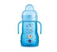 MAM Trainer+ (220 ml), botella de agua para el paso a la taza, taza de aprendizaje con tetina, pico y asa, 4 meses, elefante (idioma español no garantizado)