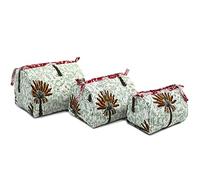 Mam Treasures - Organizador de neceser de algodón indio, acolchado, con cierre de cremallera, bolsa de cosméticos, bolsa de aseo hecha a mano, 3 piezas, bolsa de maquillaje de algodón acolchado, Verde